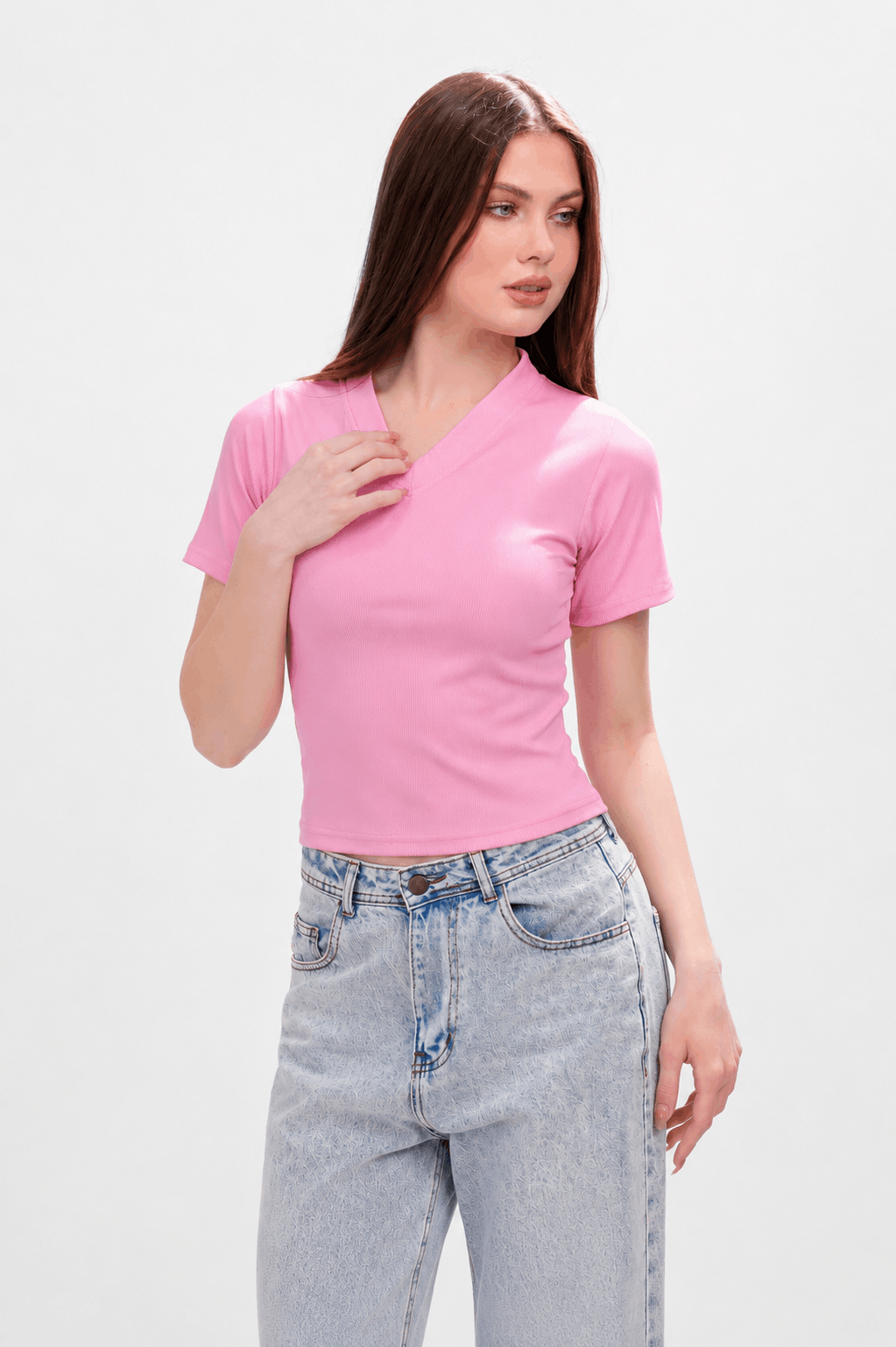 Ribbed V-short sleeve top