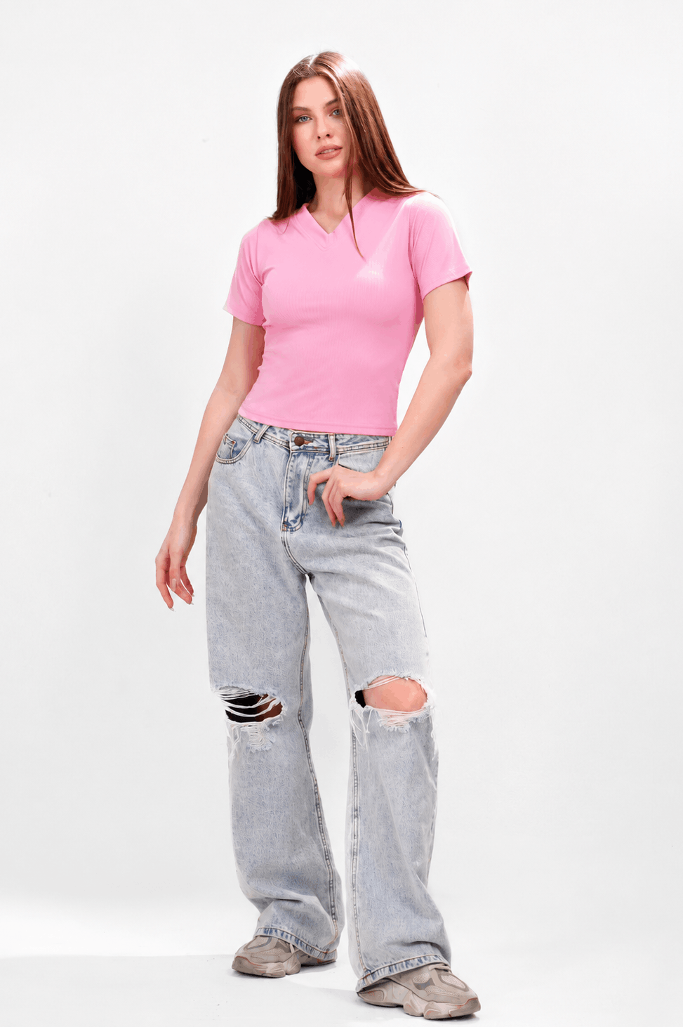 Ribbed V-short sleeve top