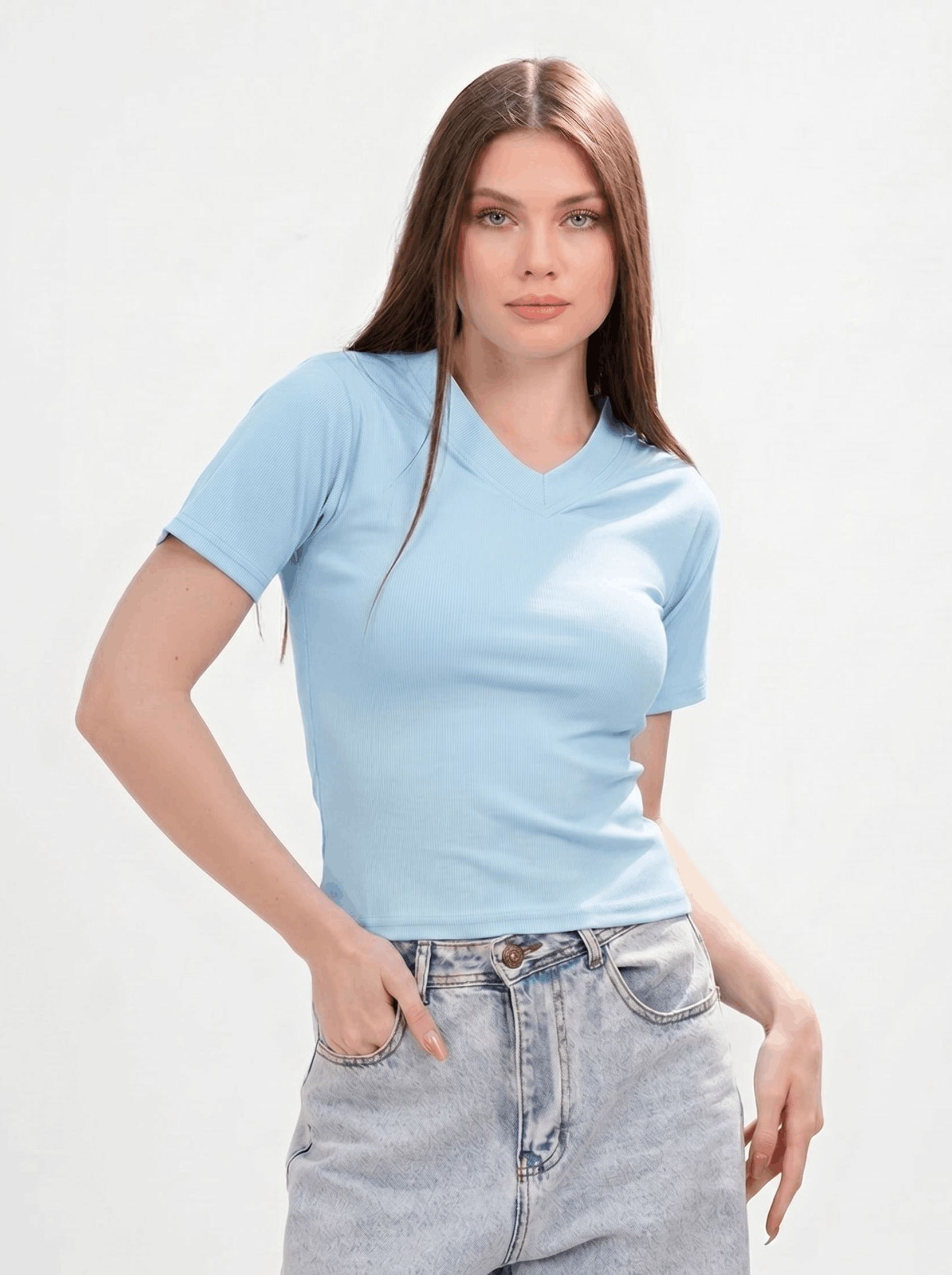 Ribbed V-short sleeve top