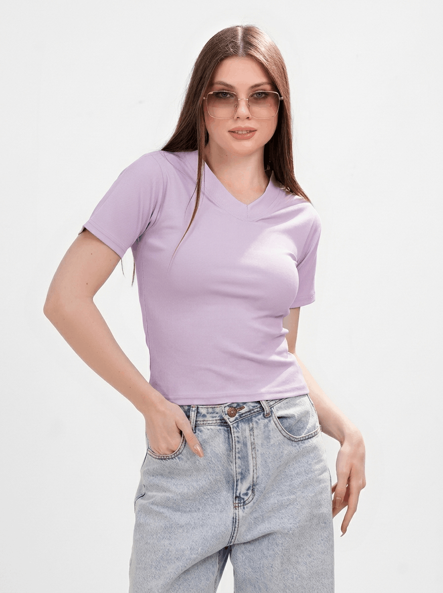 Ribbed V-short sleeve top