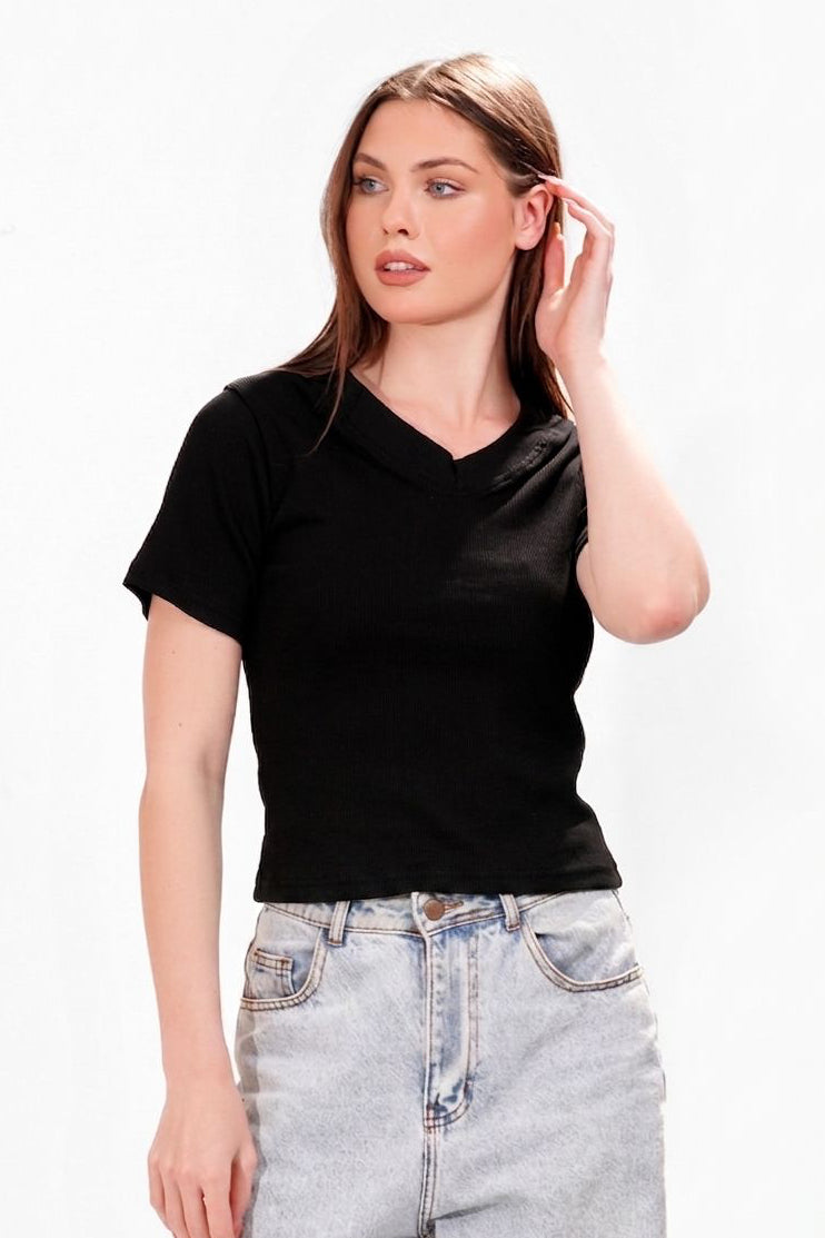 Ribbed V-short sleeve top