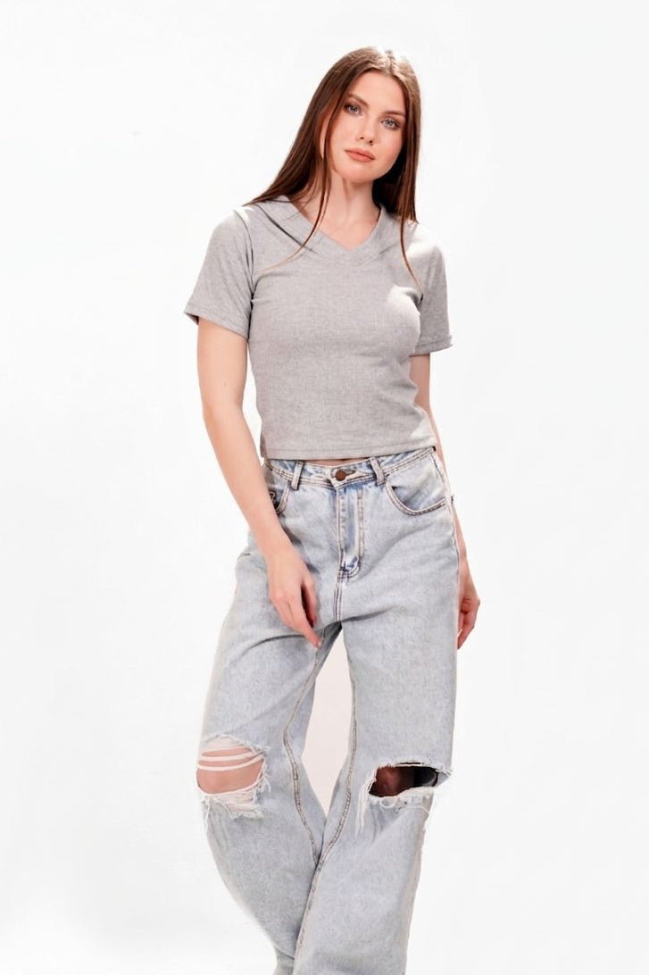 Ribbed V-short sleeve top