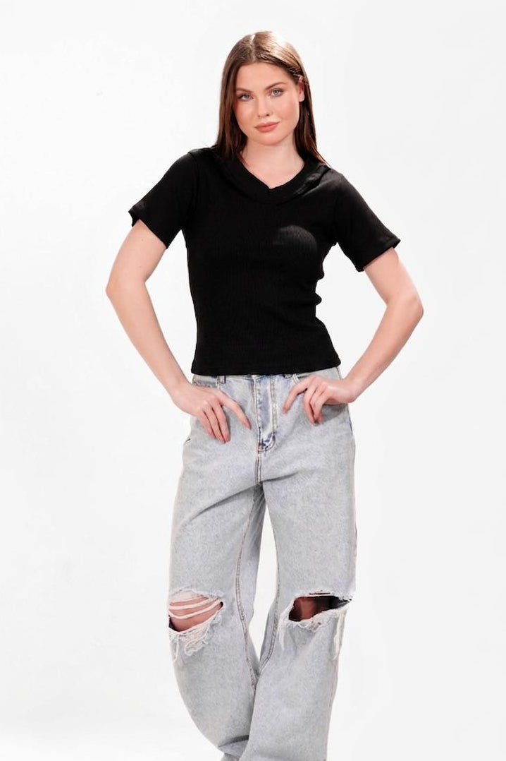 Ribbed V-short sleeve top