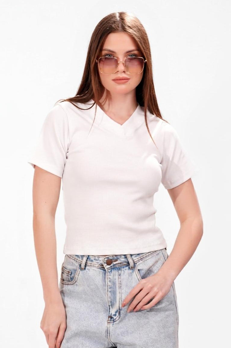 Ribbed V-short sleeve top
